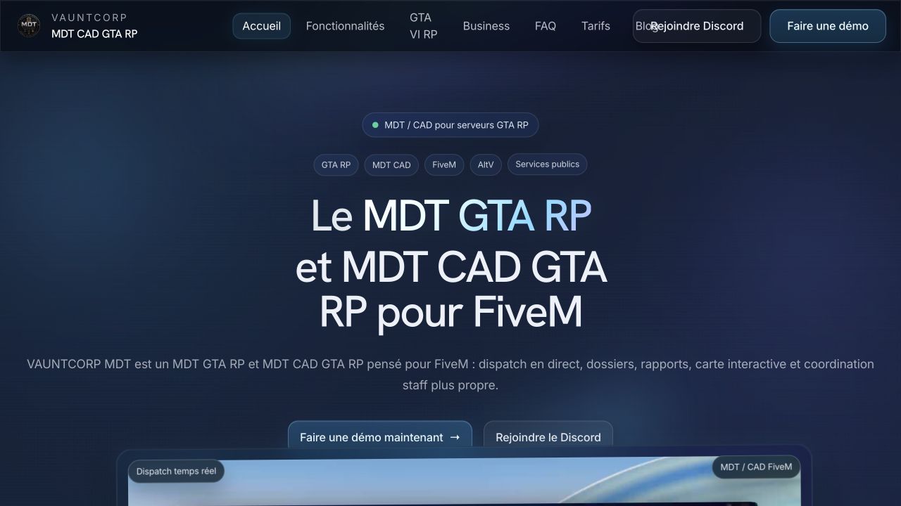 Page d’accueil de la plateforme Vauntcorp MDT CAD pour GTA RP